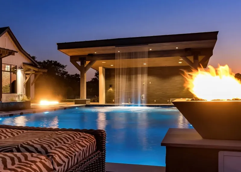 Close-up of a fire bowl and waterfall over a glowing pool at dusk